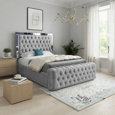  - Redesdale Mirror Upholstered Grey Soft Velvet Designer Bed Frame