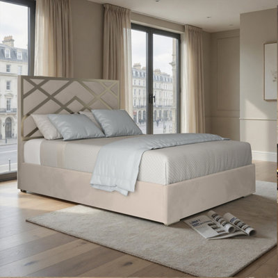  - Ripponden Upholstered Soft Velvet Beige Metal Designer Bed Frame