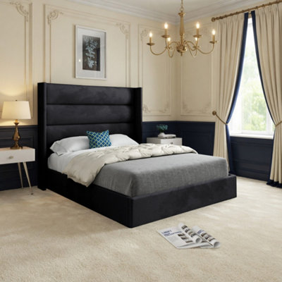  - Shipbourne Winged Upholstered Black Soft Velvet Designer Bed Frame