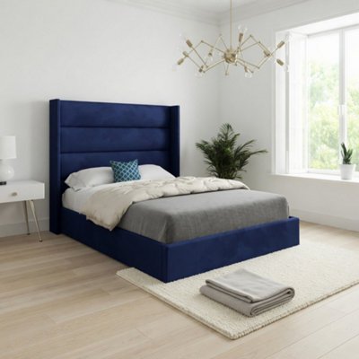  - Shipbourne Winged Upholstered Blue Soft Velvet Designer Bed Frame