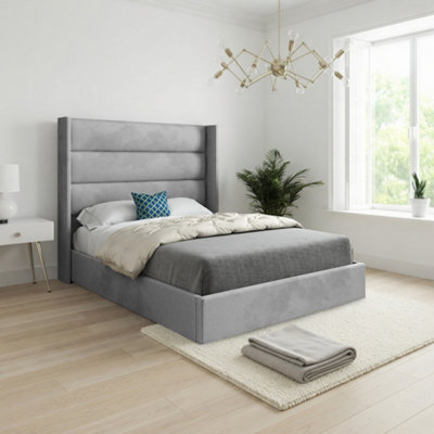  - Shipbourne Winged Upholstered Grey Soft Velvet Designer Bed Frame