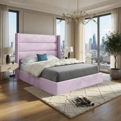  - Shipbourne Winged Upholstered Pink Soft Velvet Designer Bed Frame