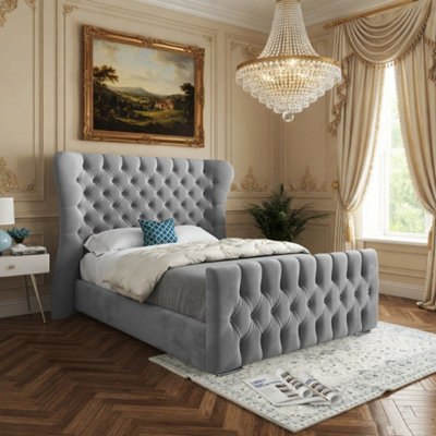 - Silverdale Wide Curved Grey Soft Velvet Designer Bed Frame