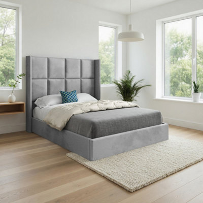 - Sproatley Winged Upholstered Grey Soft Velvet Designer Bed Frame
