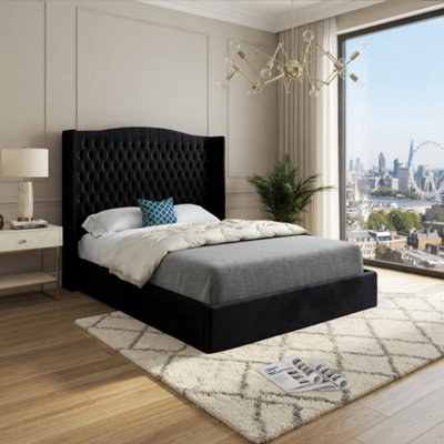  - Stockcross Winged Upholstered Black Soft Velvet Designer Bed Frame