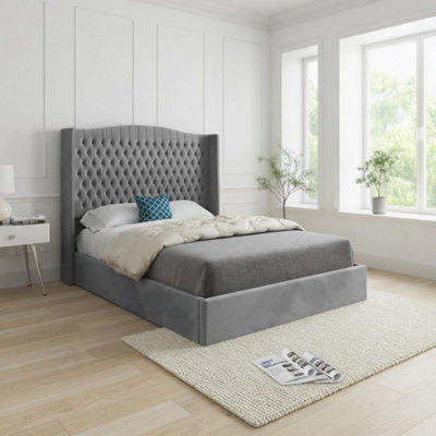 - Stockcross Winged Upholstered Grey Soft Velvet Designer Bed Frame