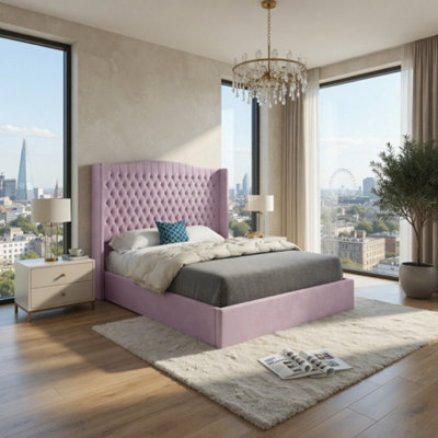  - Stockcross Winged Upholstered Pink Soft Velvet Designer Bed Frame