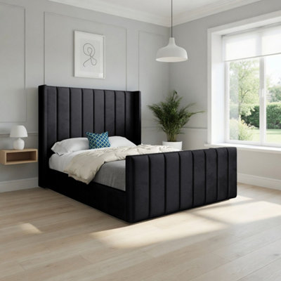  - Stretton Winged Upholstered Black Soft Velvet Designer Bed Frame