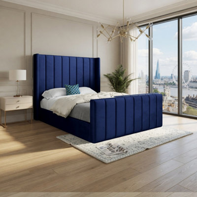 Stretton Winged Upholstered Blue Soft Velvet Designer Bed Frame from B&Q