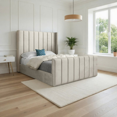 Stretton Winged Upholstered Beige Soft Velvet Designer Bed Frame from B&Q