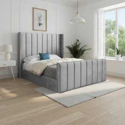  - Stretton Winged Upholstered Grey Soft Velvet Designer Bed Frame