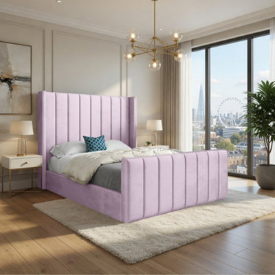 Stretton Winged Upholstered Pink Soft Velvet Designer Bed Frame from B&Q