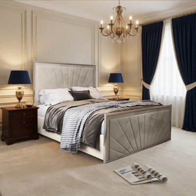  - Thornbury Upholstered Soft Velvet Beige Metal Designer Bed Frame