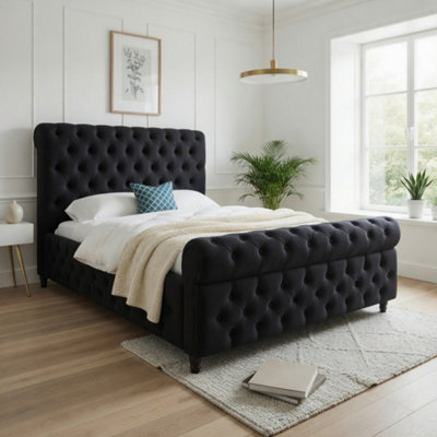  - Tickencote Sleigh Upholstered Black Soft Velvet Designer Bed Frame