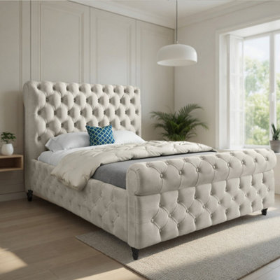  - Tickencote Sleigh Upholstered Beige Soft Velvet Designer Bed Frame