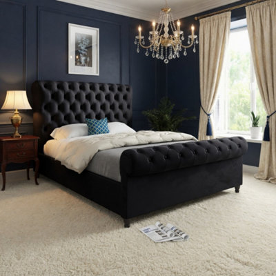  - Tittleshall Sleigh Upholstered Black Soft Velvet Designer Bed Frame