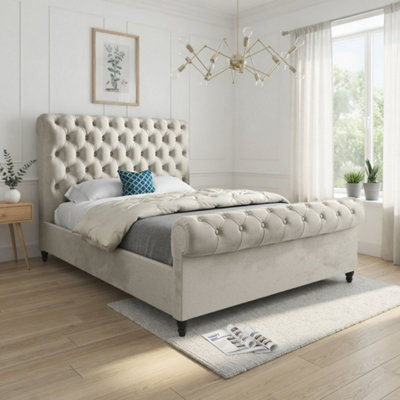  - Tittleshall Sleigh Upholstered Beige Soft Velvet Designer Bed Frame