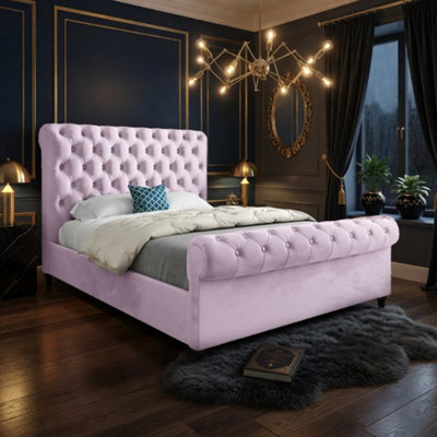  - Tittleshall Sleigh Upholstered Pink Soft Velvet Designer Bed Frame