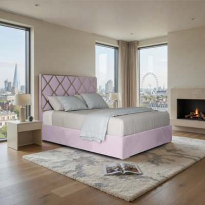  - Tredington Upholstered Soft Velvet Pink Metal Designer Bed Frame