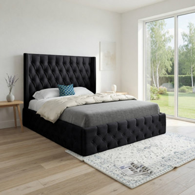 - Vange Winged Upholstered Black Soft Velvet Designer Bed Frame