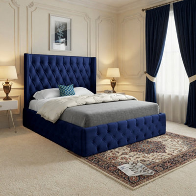  - Vange Winged Upholstered Blue Soft Velvet Designer Bed Frame