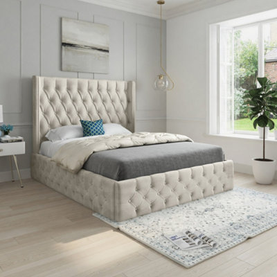  - Vange Winged Upholstered Beige Soft Velvet Designer Bed Frame