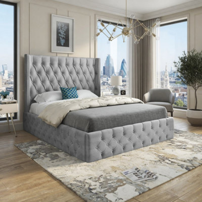  - Vange Winged Upholstered Grey Soft Velvet Designer Bed Frame