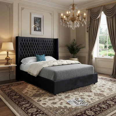  - Welbury Winged Upholstered Black Soft Velvet Designer Bed Frame