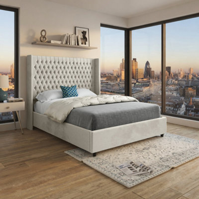  - Welbury Winged Upholstered Beige Soft Velvet Designer Bed Frame