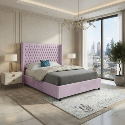  - Welbury Winged Upholstered Pink Soft Velvet Designer Bed Frame