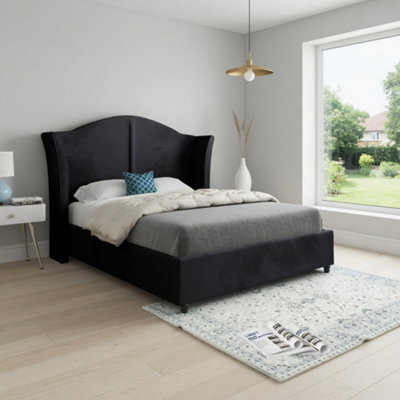  - Wilsden Curved Winged Upholstered Black Soft Velvet Designer Bed Frame