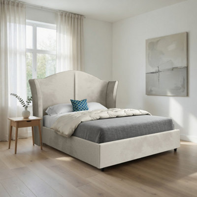  - Wilsden Curved Winged Upholstered Beige Soft Velvet Designer Bed Frame