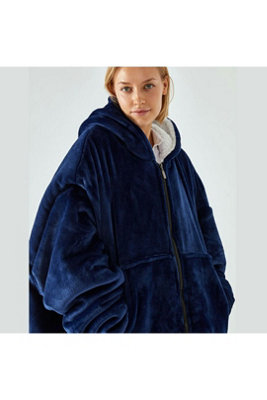  - Cozy Oversized Wearable Hoodie Blanket Fuzzy Flannel Zip Blue
