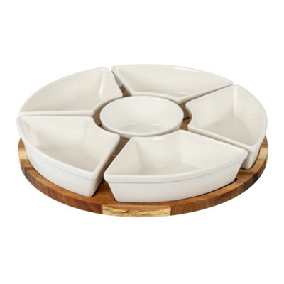 Acacia Lazy Susan With Ceramic Serving Bowls