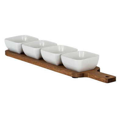 Acacia Serving Board With Four Ceramic Bowls