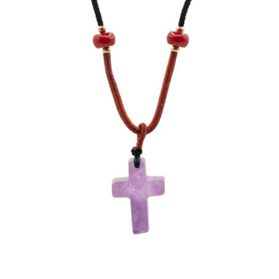 Amethyst Cross Gemstone Pendant Adjustable Cord Necklace