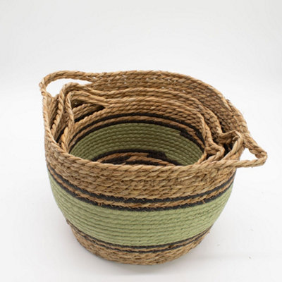  - Cotton And Seagrass Large Baskets Set Of 3 Natural Black Green