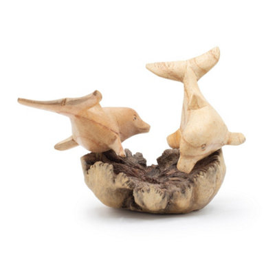  - Dolphins In Play Parasite Wood Carving Natural Base