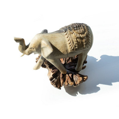  - Elephant Walking Parasite Wood Carving Sculpture With Natural Base
