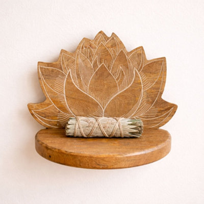Lotus Mango Wood Wall Shelf Whitewash Carved Display Shelf from B&Q
