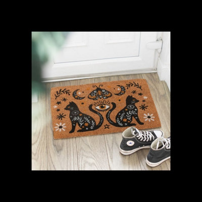Folk Spooky Two Cat Doormat With All Seeing Eye And Moons