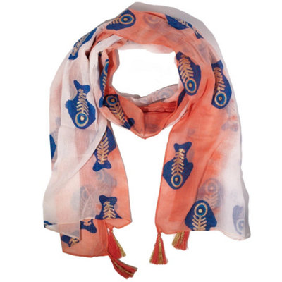  - Nomad Sari Aqua Fish Coral Scarf 180X50Cm With Tassels