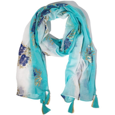  - Nomad Sari Aqua Fish Scarf Turquoise 180X50Cm Tassels