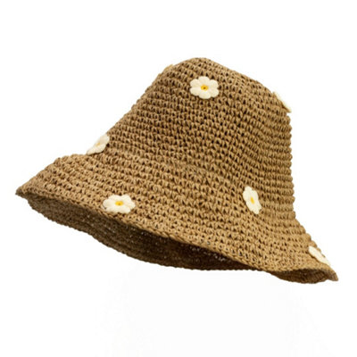 Coffee Daisy Floppy Straw Sun Hat Wide Brim