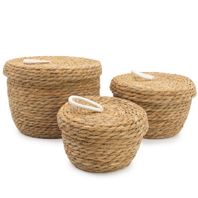  - Seagrass And Cotton Round Baskets With Lids Set Of 3 Natural