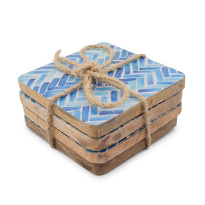 Set Of Four Square Coasters Blue Stripe Wood Base