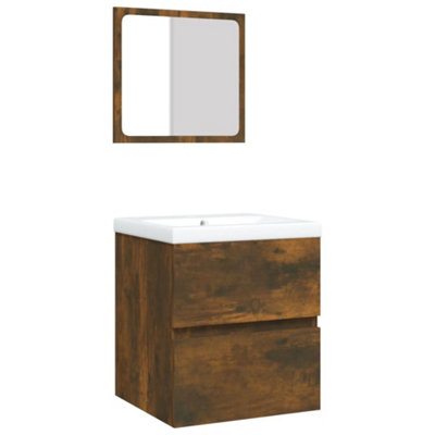 B&Q -  Sturdy Bathroom Sink Cabinet With Basin And Mirror Smoked Oak