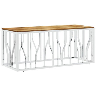 B&Q -  Modern Coffee Table Silver Stainless Steel And Solid Wood Acacia
