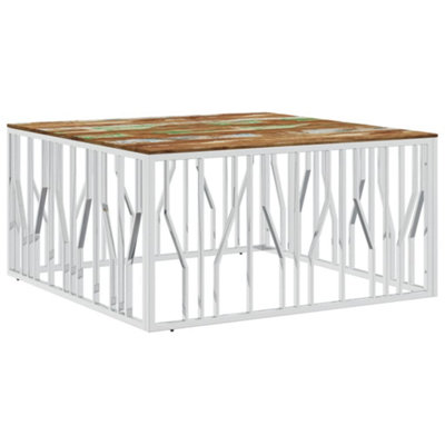 B&Q -  Modern Coffee Table Silver Stainless Steel And Solid Wood Reclaimed