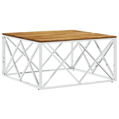 B&Q -  Modern Coffee Table Silver Stainless Steel And Solid Wood Acacia